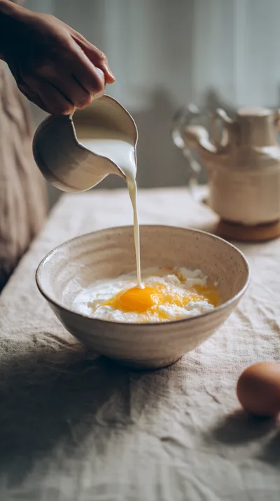 Добавление молока и муки в яичную смесь